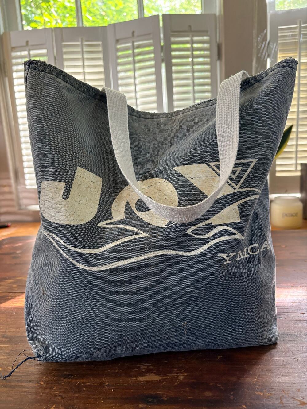 Vintage YMCA "JOY" Canvas Tote Bag – Distressed Faded Blue/Grey